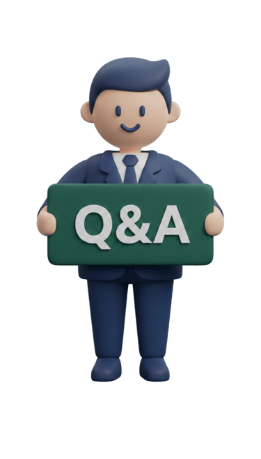 3D cartoon businessman character holding a green Q&A sign for questions and answers sessions.