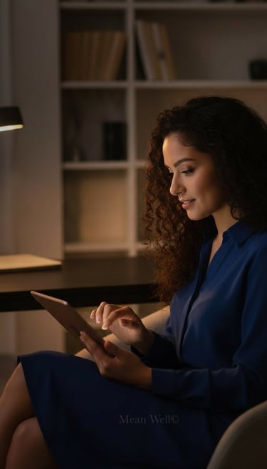 A smiling woman with curly hair uses a digital tablet while working late in a dimly lit office.