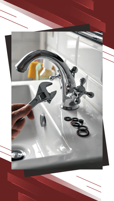 a person holding a wrenet in front of a sink