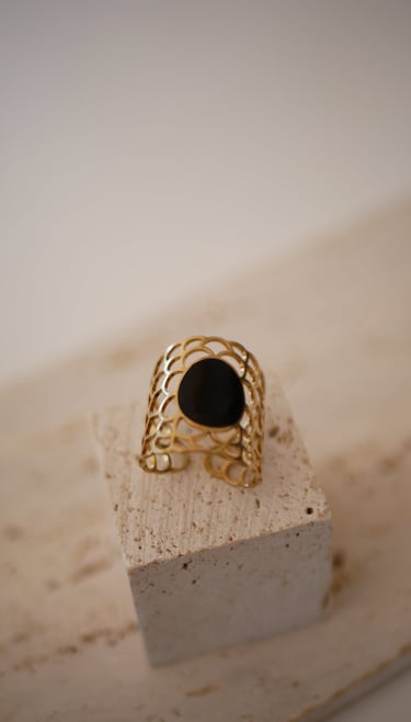 photo produits, photo de bijoux, bague noire et dorée, bijoux en acier inoxydable