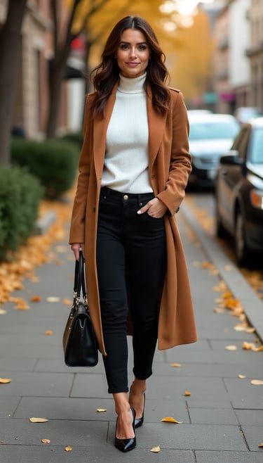 a woman in a white turtle neck sweater and black pants