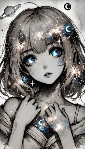 Monochrome portrait of a cosmic girl with crescent moon-shaped eyes and a celestial gaze.