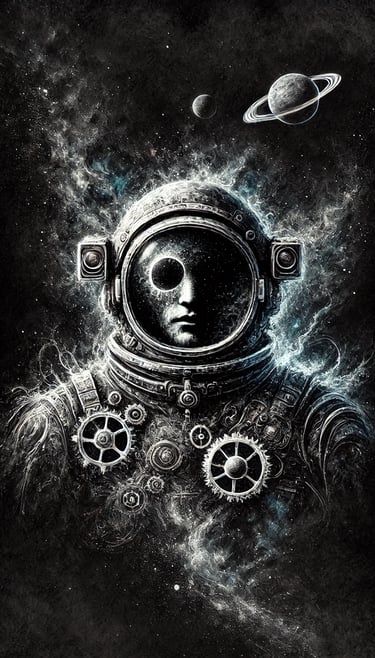 A cool, dark portrait of a futuristic astronaut.