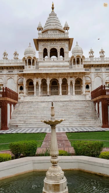 Majestic view of Jaswant Thada Jodhpur, a white marble cenotaph in desert landscape of Rajasthan
