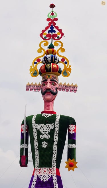 Majestic ten-headed Ravana effigy stands proudly at Kota Dussehra ground, glowing with grandeur before the final blaze.
