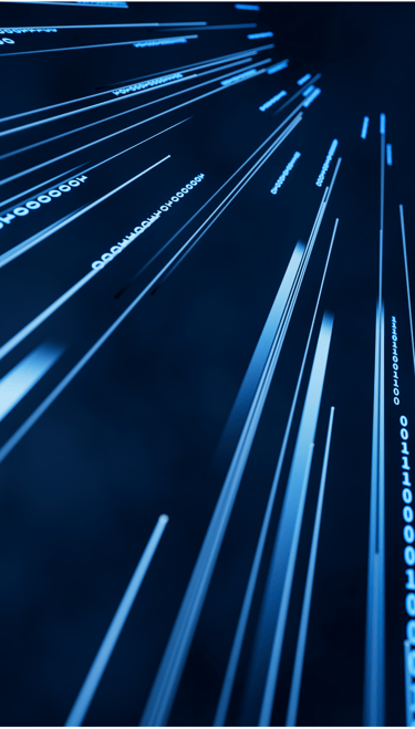 Dunkelblauer Hintergrund mit 'Nullen' und 'Einsen' in hellblau. 