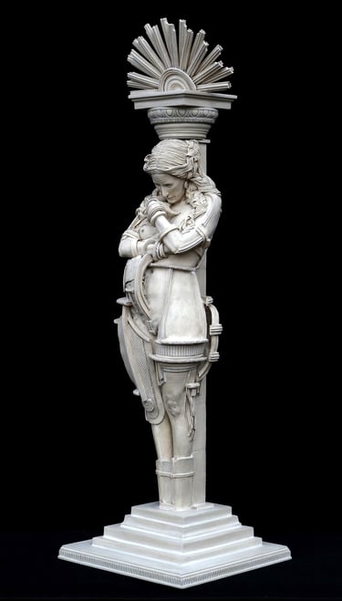 Ceramic sculpture of a woman bound to a column with capital, made by female artist, exploring social expectations of women.