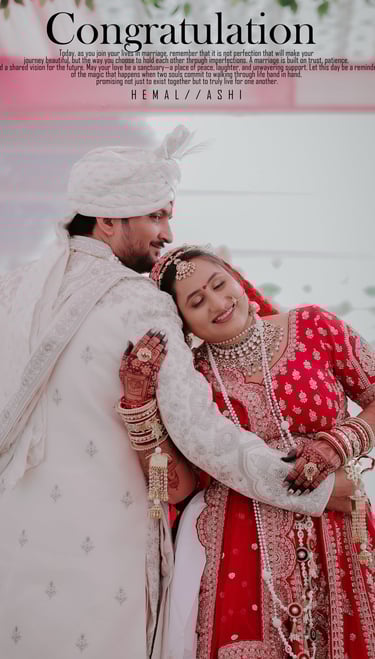 Romantic Indian wedding couple pose, bride in red lehenga leaning on groom in white sherwani. RD