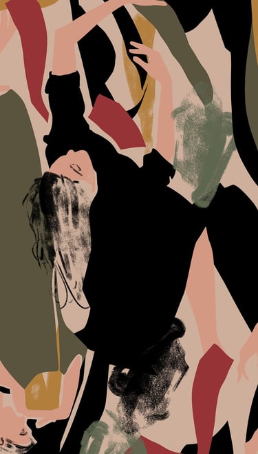Estampa digital abstrata figurativa de mulheres dançando, inspirada na artista Pina Bausch