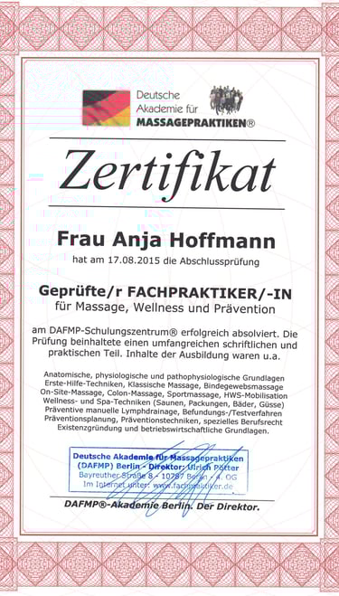 Zertifikat zum Geprüften Fachpraktiker für Wellness Massage und Prävention