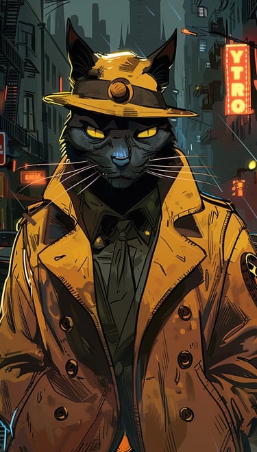 Detective gatto antropomorfo con impermeabile in una città americana anni '50, illuminazione noir.