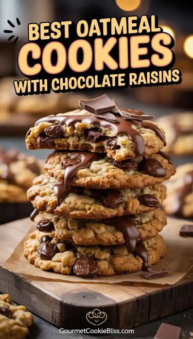 Stack of chewy oatmeal cookies bursting with chocolate-covered raisins, with chocolate shavings.