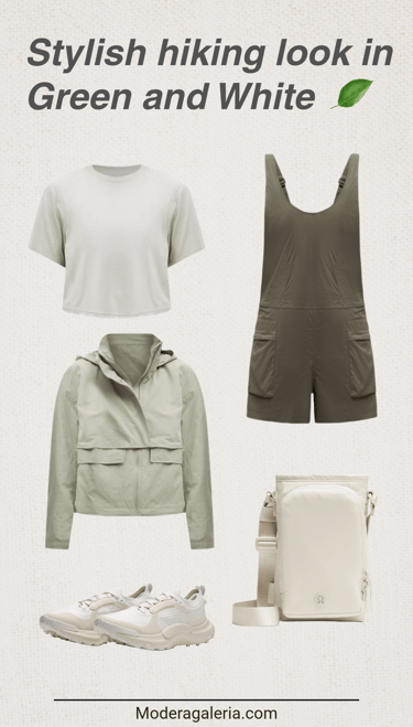 stylish hiking outfit in green and white