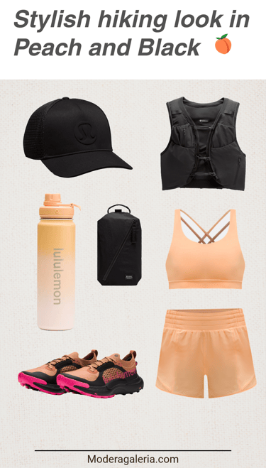 Stylish hiking outfit in peach and black