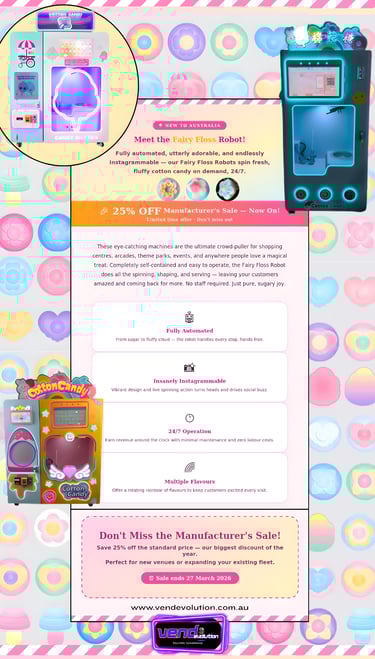 advertisement for fairy floss cotton candy robot machines with bright coloured fairy floss shapes