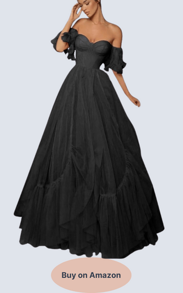 Off Shoulder Tulle Ball Gown Long Puffy Short Sleeve Prom Dress Black