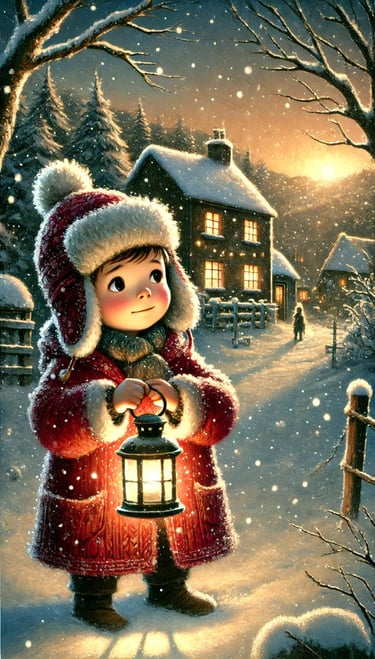 Alt text: Favola di Natale con un bambino che cammina nella neve, illuminando il sentiero con la sua