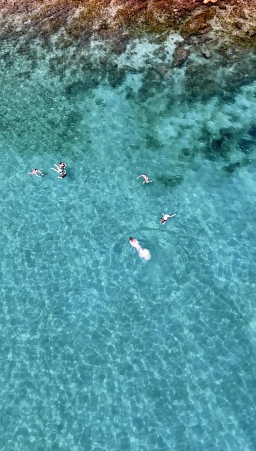 Aerial view of girls swimming and snorkeling in a bay near Milna on Brac during a private boat tour from Split, Croatia