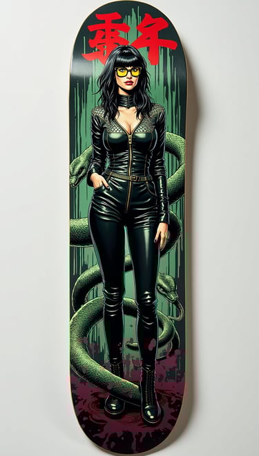 Custom skateboard deck featuring a comic art woman in a black leather suit with a green snake graphic.
