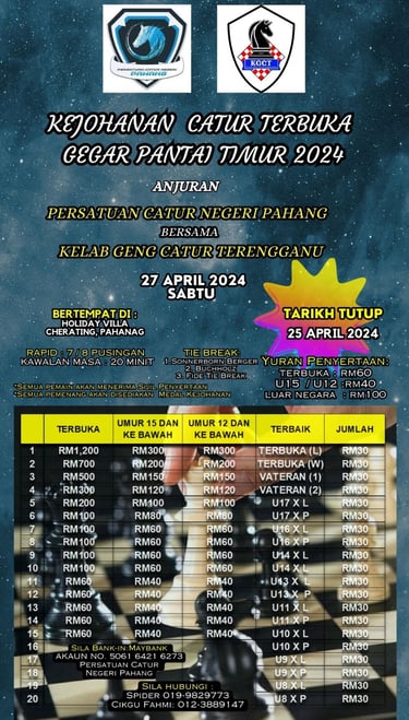 Catur Malaysia Kejohanan Catur Terbuka Gegar Pantai Timur 2024. Holiday Villa Cherating, Pahang. 