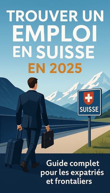 “Trouver un emploi en Suisse en 2025” — illustration d’un expatrié en costume traverse la frontière