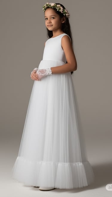 a young girl in a white dress with a flower crown