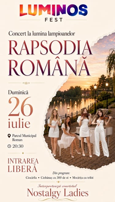 Poster for Rapsodia Romana at Luminos Fest featuring Nostalgy Ladies quartet by a lake.
