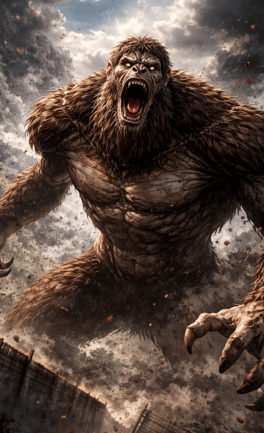 A giant roaring Bigfoot cryptid with glowing eyes attacking a mountain landscape.