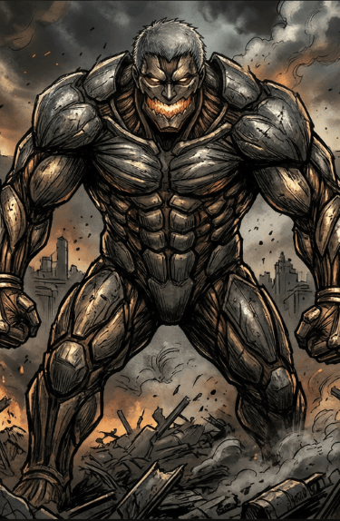 Powerful armored titan standing amidst smoking city ruins in a dramatic anime style illustration.