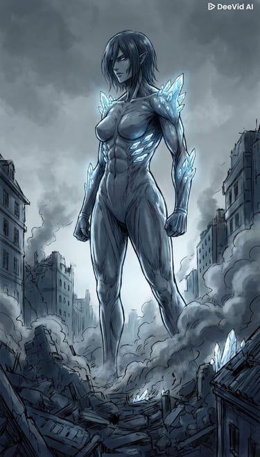 Giant female titan with glowing blue crystal armor standing amidst city ruins and smoke.
