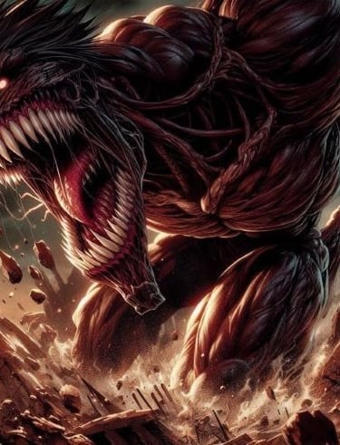 Fierce muscular titan monster with glowing eyes and sharp teeth destroying rocky ground in a dark fantasy setting.