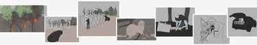 Illustrations showing forest fire response, temporary shelter setup, wildlife rescue, and emergency vehicle loading.