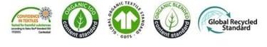 A row of sustainable textile certification logos including GOTS, OEKO-TEX, and Global Recycled Standard.