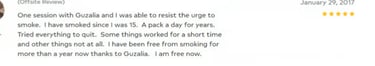 Positive client testimonial review for Guzalia's stop smoking sessions with a five-star rating.