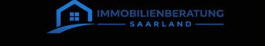 Blue real estate logo for Immobilienberatung Saarland featuring a house icon on a black background.
