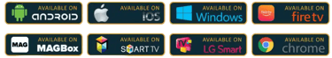 App download badges for Android, iOS, Windows, Fire TV, MAGBox, Smart TV, LG Smart, and Chrome.