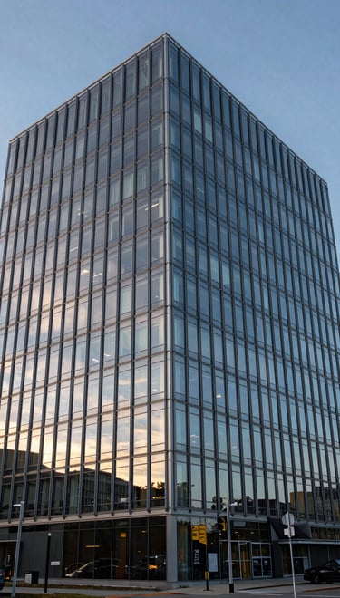 Wide environmental shot of a modern architectural office building in Edmonton under clean morning light, glass facade reflecting the sky