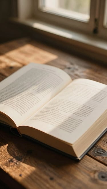 Close-up of an open hardcover book resting on a rustic wooden table, soft golden-hour window light casting warm shadows, cozy and literary.