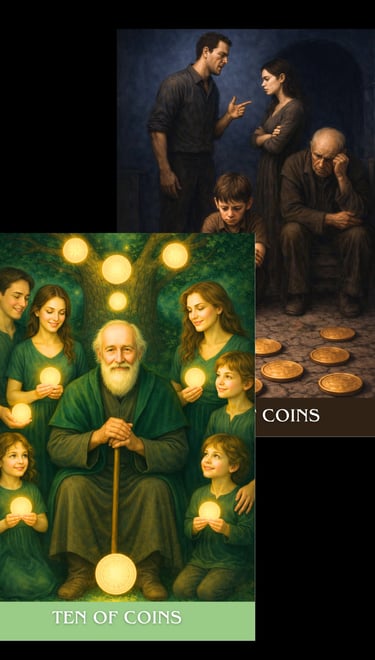 the ten of coins tarot card  subconscious tarot light and shadow deck 