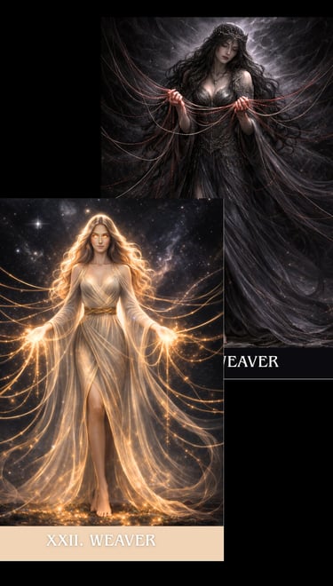 Dark and light versions of Weaver tarot cards featuring ethereal goddesses weaving glowing celestial threads.