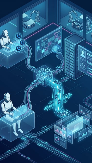 A modern garage communication workflow visual showing an AI receptionist answering inbound customer 