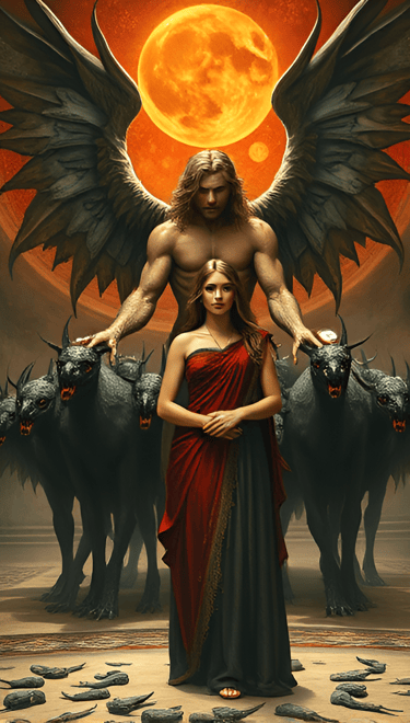 Fallen angel Samael with mortal woman and demon hounds