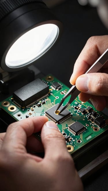 Extreme close-up overhead view of a technician's hands using tweezers to seat a detector module onto an XRF machine circuit board, bright studio strobe lighting, high contrast blacks and whites, no warm tones, precision industrial framing