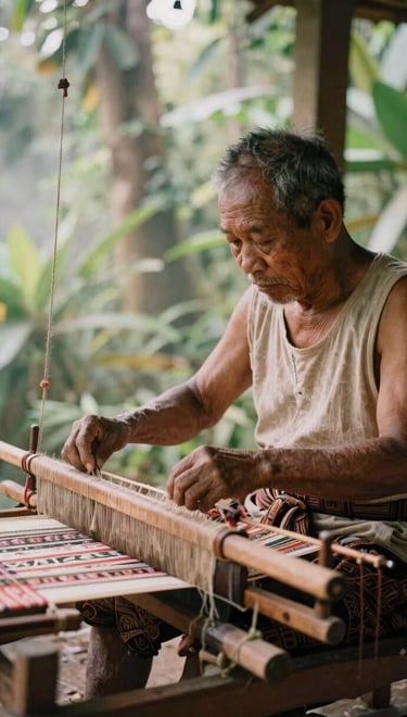 A local Toraja elder weaving a traditional textile on a wooden loom under soft, filtered jungle light, warm editorial travel photography, 35mm lens.