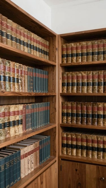 A quiet library room with antique law books on wooden shelves, soft natural light, minimalist and clean design