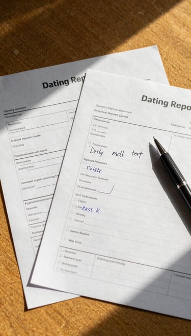 Close-up overhead shot of Dating Report Card assessment pages spread on a warm ochre linen surface, a pen resting beside handwritten notes, natural window light casting soft shadows across the materials