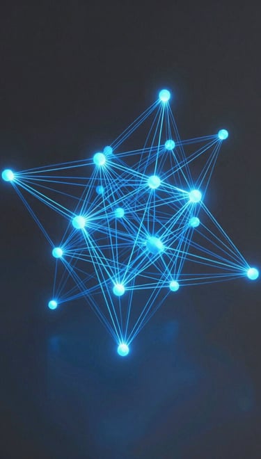 Isometric orthographic projection of abstract 3D digital network nodes, glowing electric blue vector trajectories, sharp cyan edge-glows, deep graphite background.