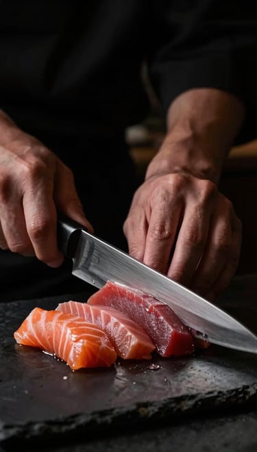Dramatic close-up of a chef's hands slicing pristine tuna sashimi with a traditional Japanese knife, low-key lighting, charcoal background.