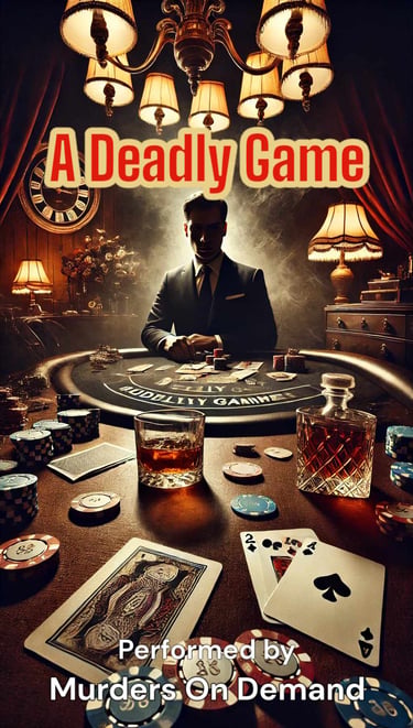 A man in a suit plays a high-stakes poker game with cards and whiskey for A Deadly Game murder mystery.