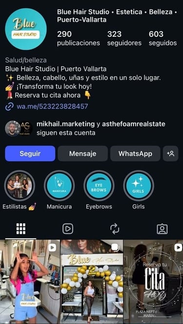 Perfil de Instagram de Blue Hair Studio en Puerto Vallarta que muestra servicios de salón de belleza